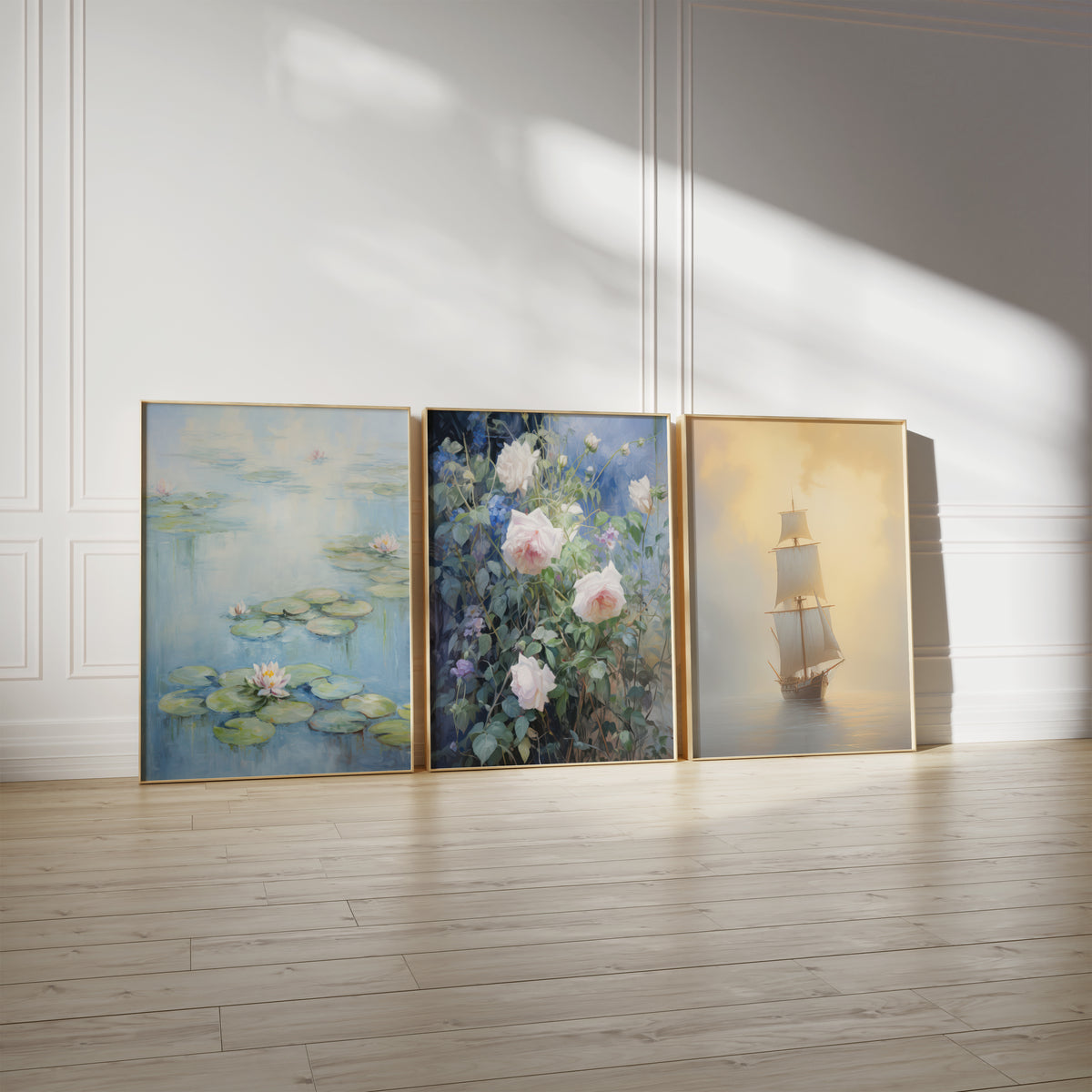 Drei gerahmte Poster mit Seerosen, Rosen und einem Segelschiff, an eine helle Wand mit Zierleisten gelehnt.