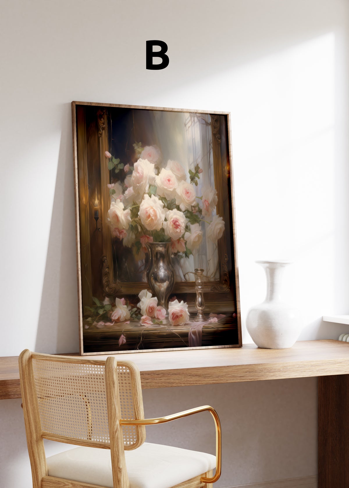 Postermotiv B: Rosa und weiße Rosen in einer silberfarbenen Vase vor einem dunklen Spiegel. Im Holzrahmen auf einem Schreibtisch.