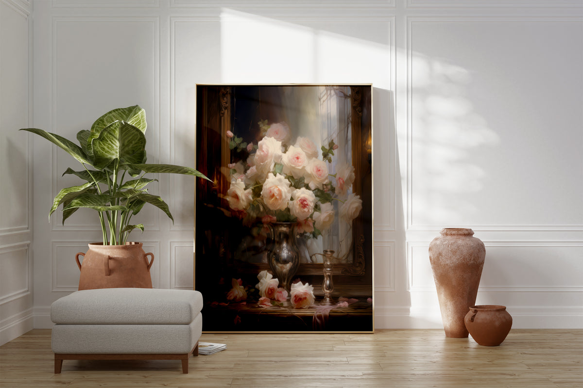 Großes gerahmtes Poster an einer hellen Wohnzimmerwand neben Sessel, Pflanze und Vase. Motiv: Rosa und weiße Rosen in einer silberfarbenen Vase vor einem dunklen Spiegel.
