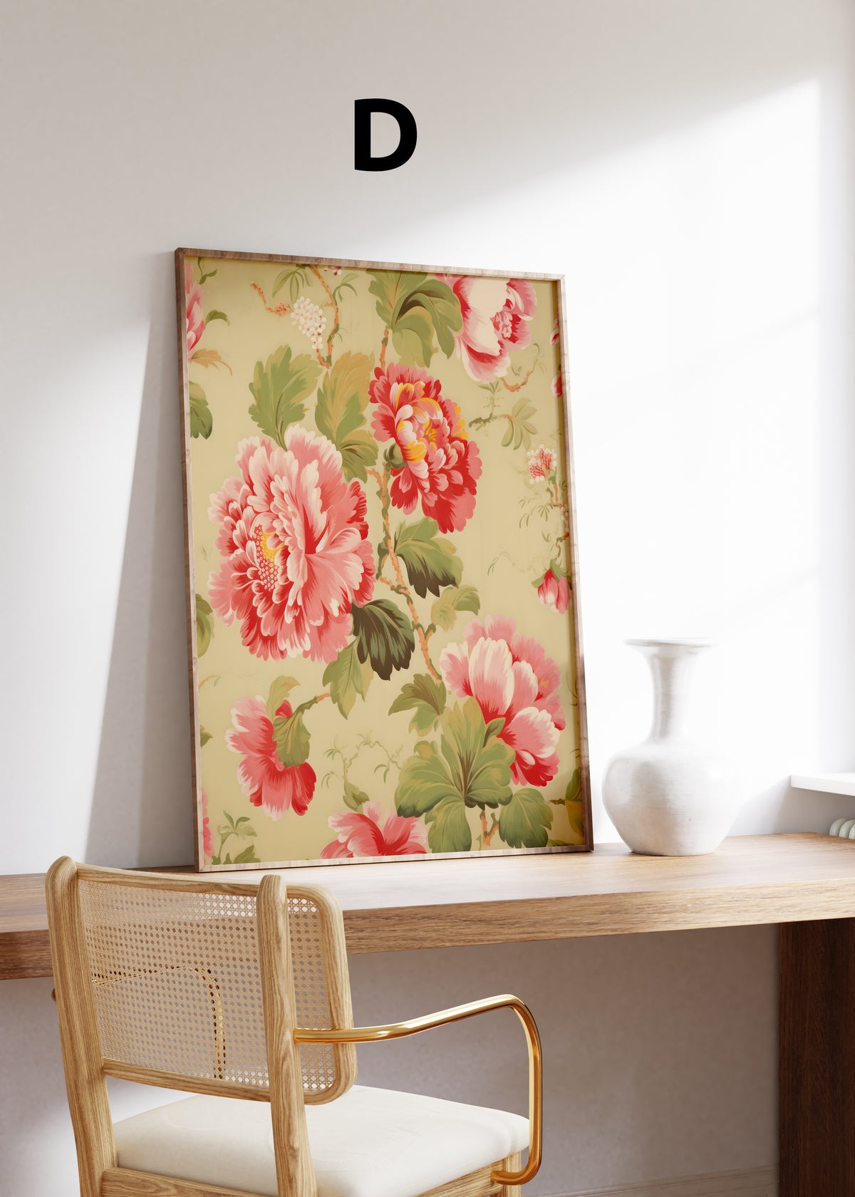 Postermotiv D: Florales Muster mit roten und rosa Pfingstrosen und grünen Blättern. Im Holzrahmen auf einem Schreibtisch.