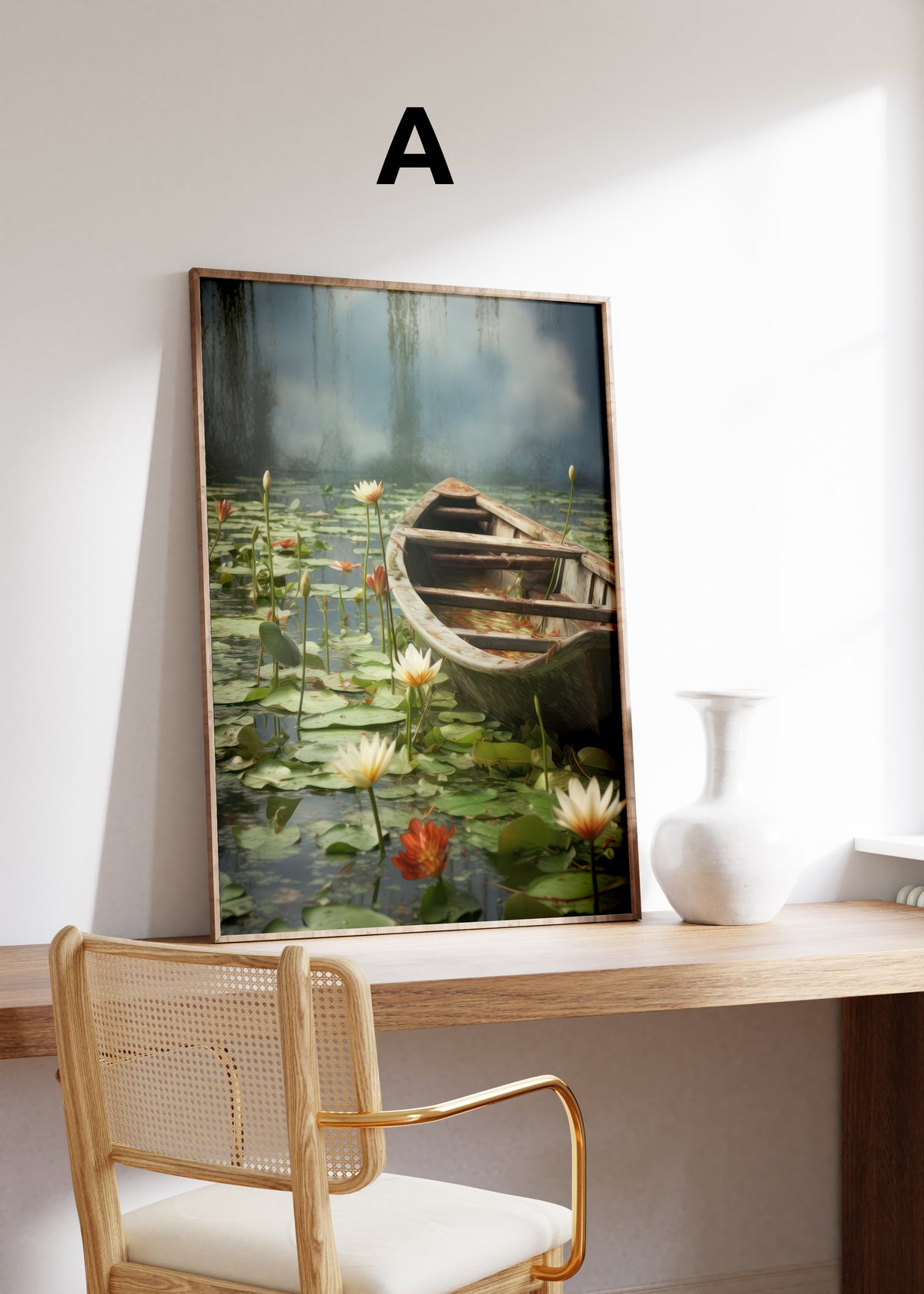 Postermotiv A: Holzruderboot zwischen weißen Seerosen auf einem stillen Teich. Im Holzrahmen auf einem Schreibtisch.
