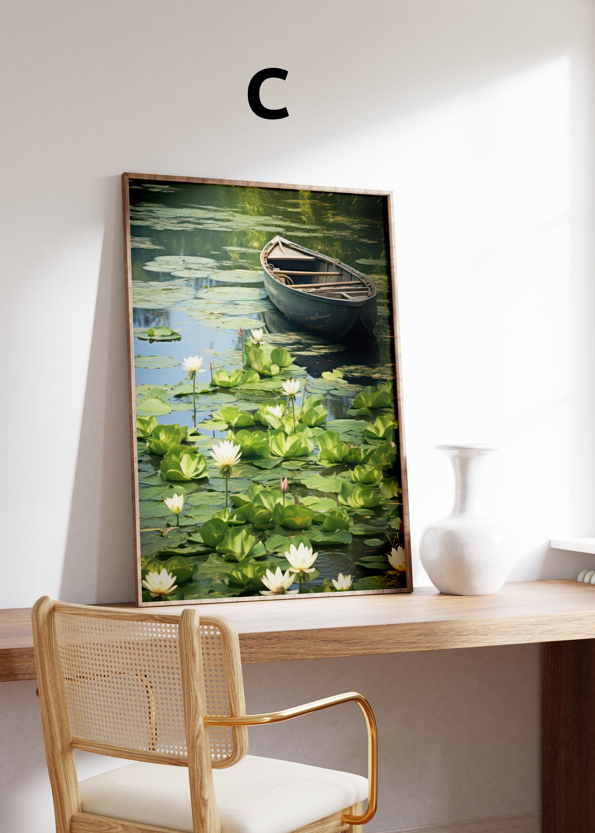 Postermotiv C: Dunkles Ruderboot auf einem grünen Teich mit weißen Seerosen. Im Holzrahmen auf einem Schreibtisch.