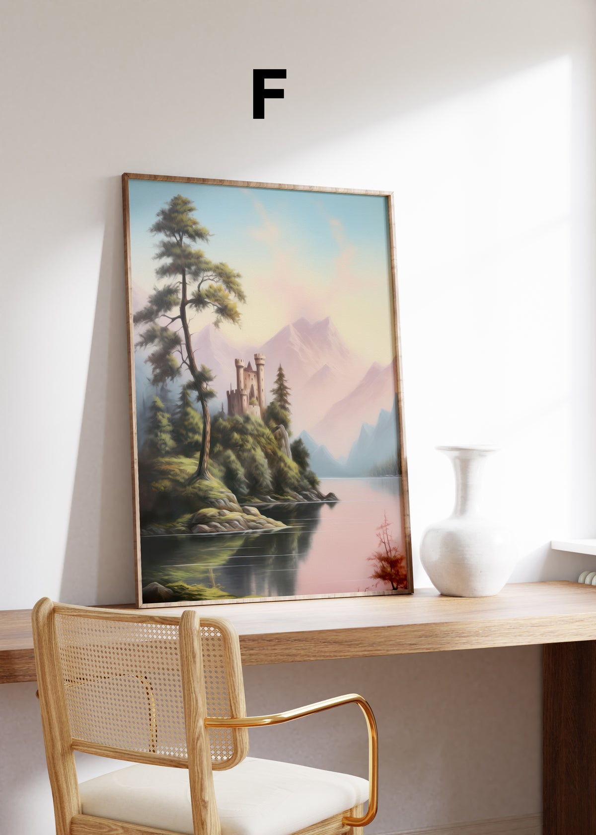 Postermotiv F: Kleines Schloss auf einer bewaldeten Landzunge an einem Bergsee. Im Holzrahmen auf einem Schreibtisch.