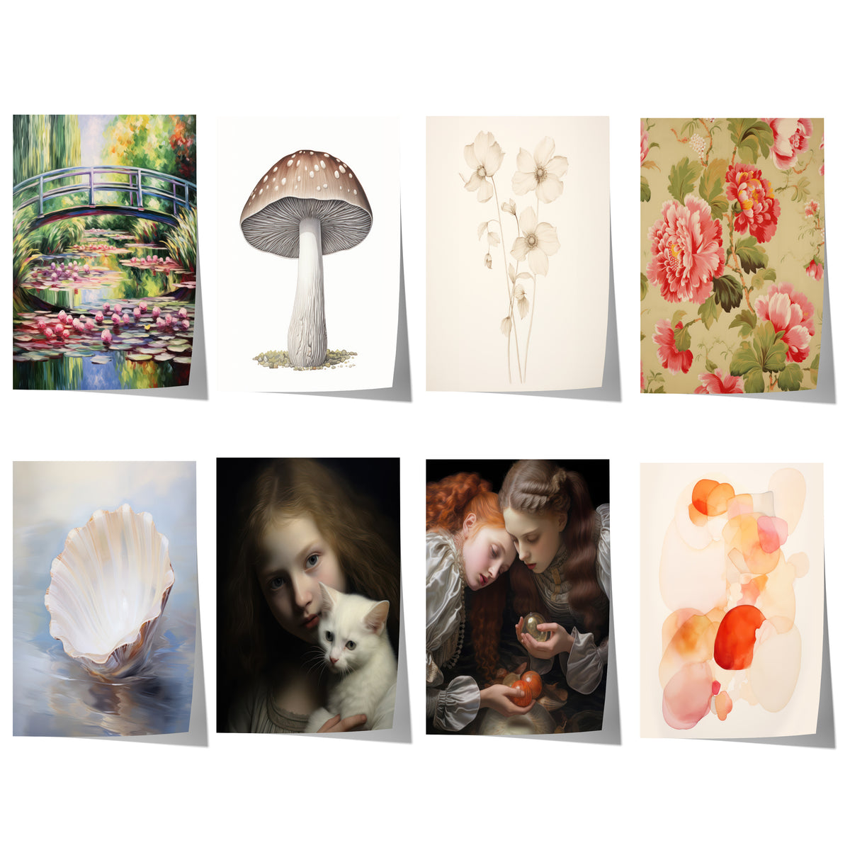 Übersicht der acht wählbaren Postermotive: Seerosen Blumen Muscheln & Romantische Kunstmotive.