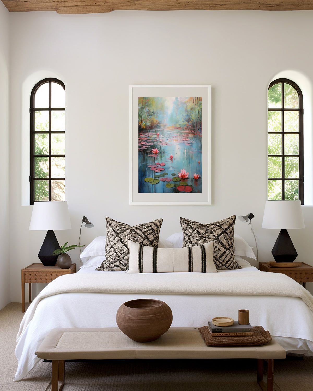 Gerahmtes Poster über einem Bett im hellen Schlafzimmer. Motiv: Rosa Seerosen auf einem Teich mit Spiegelungen in Pastellfarben.