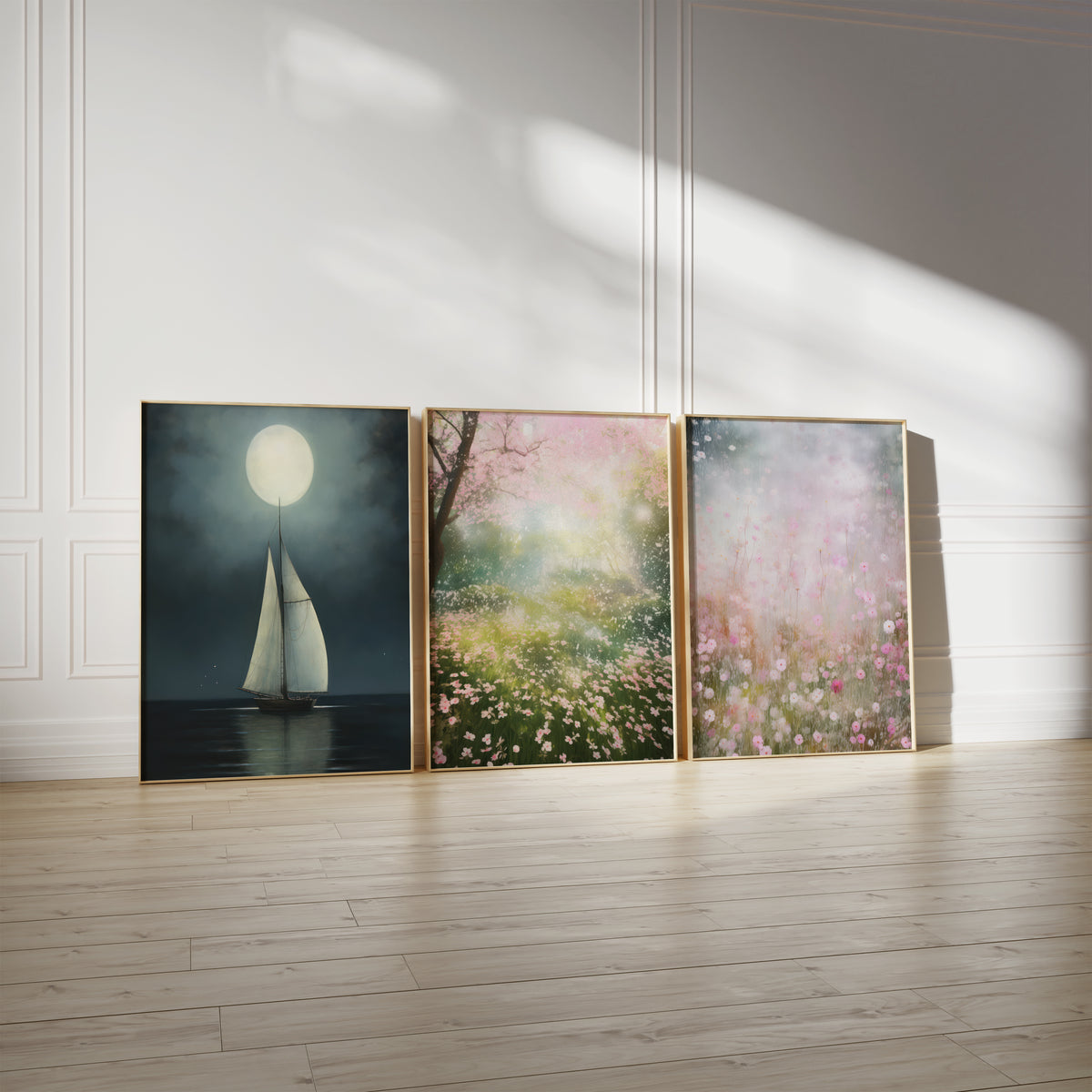Drei gerahmte Poster an einer hellen Wand mit Zierleisten. Motive: Segelboot auf dunklem Wasser unter einem großen Vollmond; Blühender rosa Baum über einer lichtdurchfluteten Blumenwiese; Zarte rosa Blumenwiese im hellen Nebel.