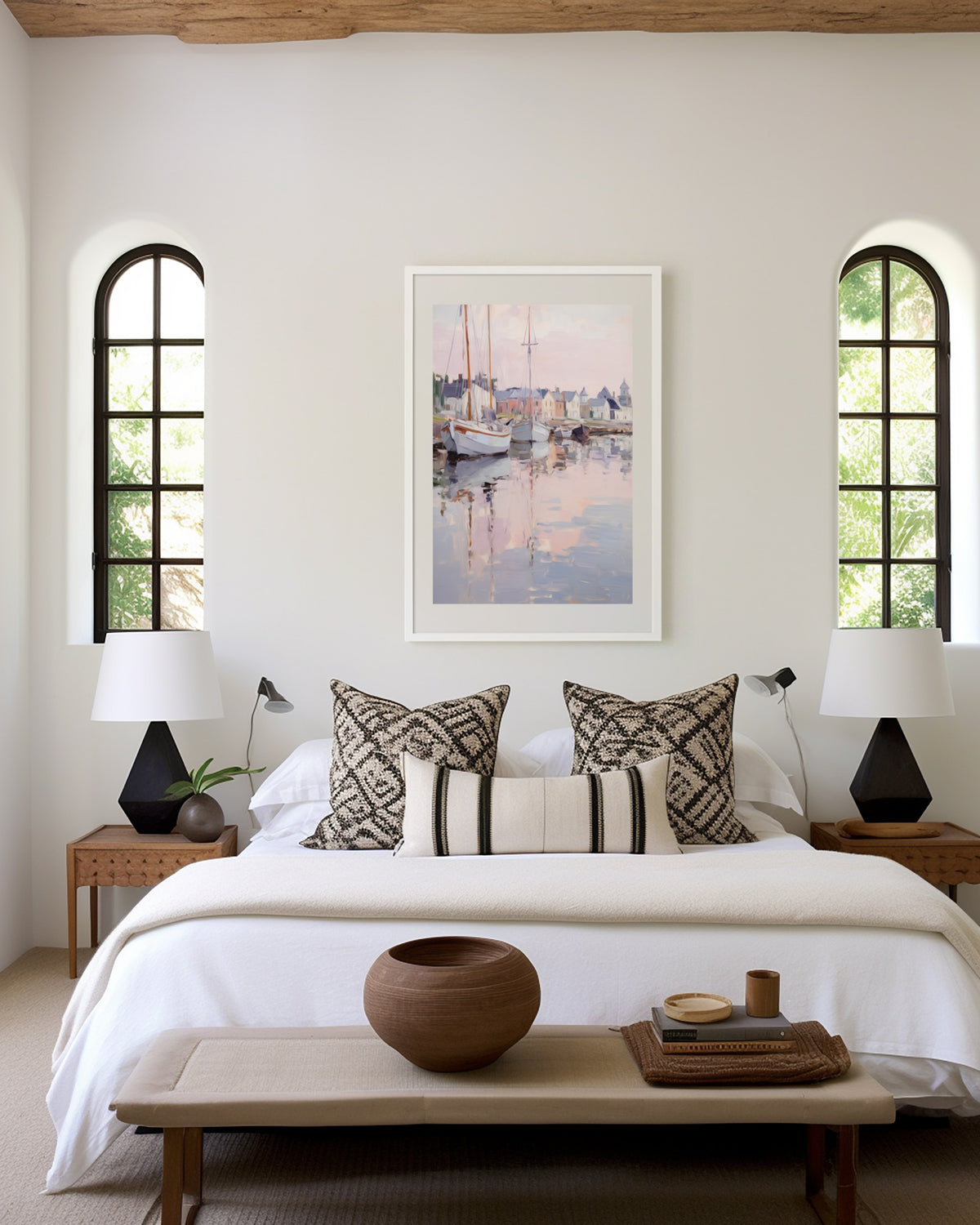 Gerahmtes Poster mit Segelbooten im Hafen über einem Bett im hellen Schlafzimmer mit Holzdecke und Rundbogenfenstern.
