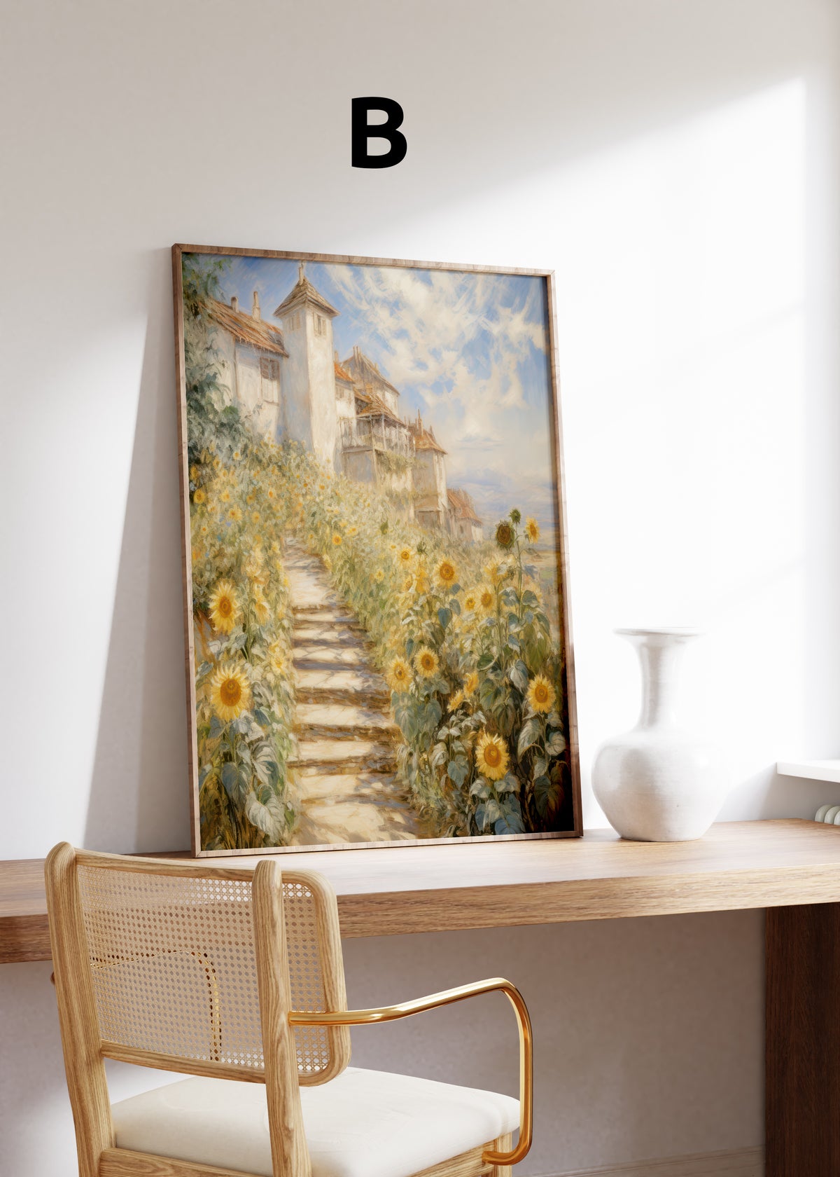 Postermotiv B: Steintreppe zwischen Sonnenblumen zu einem hellen Landhaus. Im Holzrahmen auf einem Schreibtisch.