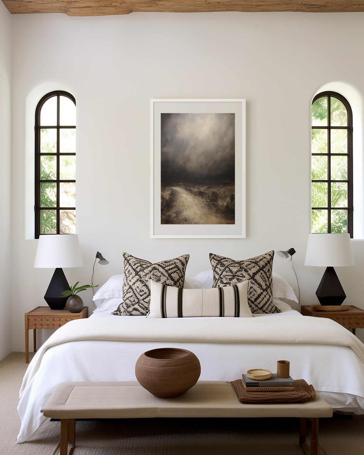 Gerahmtes Poster über einem Bett im hellen Schlafzimmer. Motiv: Stürmisches Meer unter dunklen Wolken.