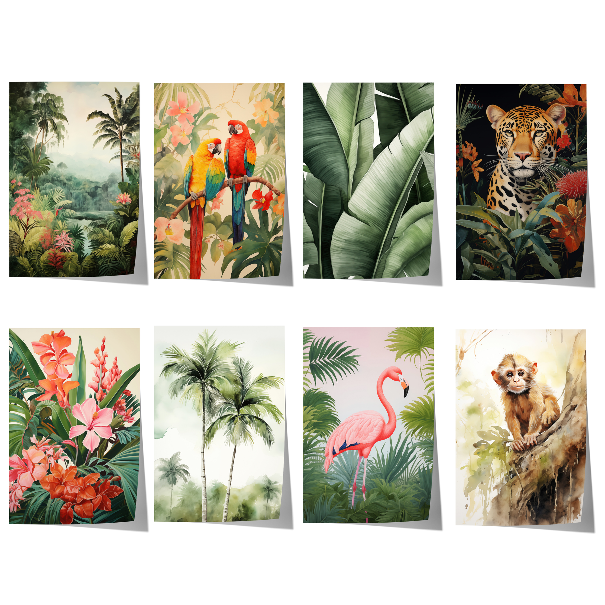Acht tropische Aquarellposter mit Leopard, Papageien, Flamingo, Affe, Palmen, Bananenblättern und exotischen Blumen.