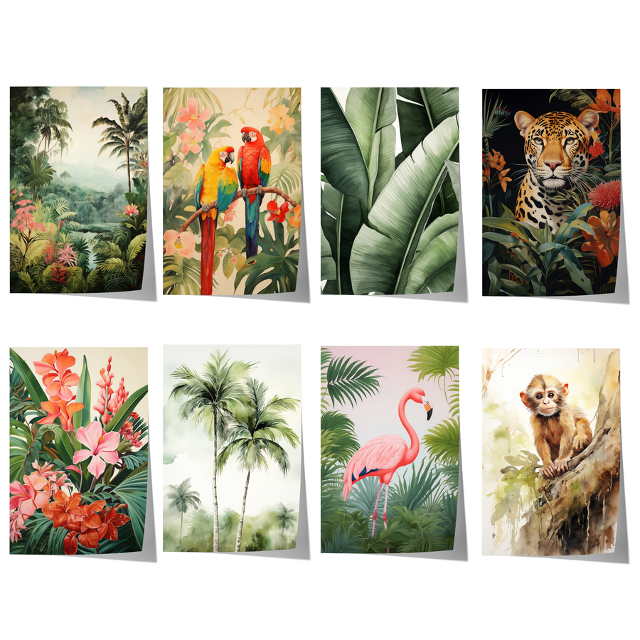 Acht tropische Aquarellposter mit Leopard, Papageien, Flamingo, Affe, Palmen, Bananenblättern und exotischen Blumen.