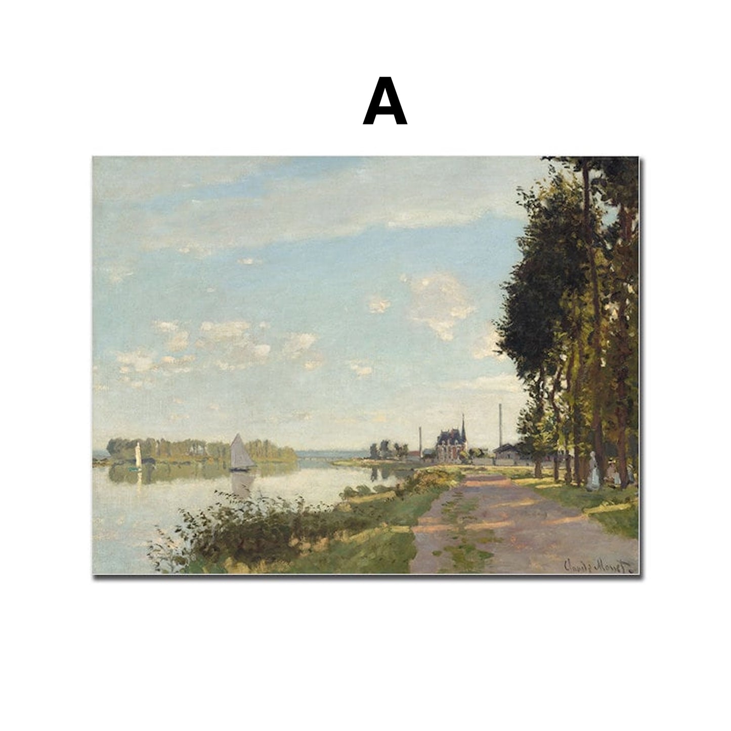 Poster Vintage Galerie Wand Kunst  Landschaft Bauernhof Pferde Rennen See Gartentor und Weg am Fluss als Deko Print ohne Rahmen