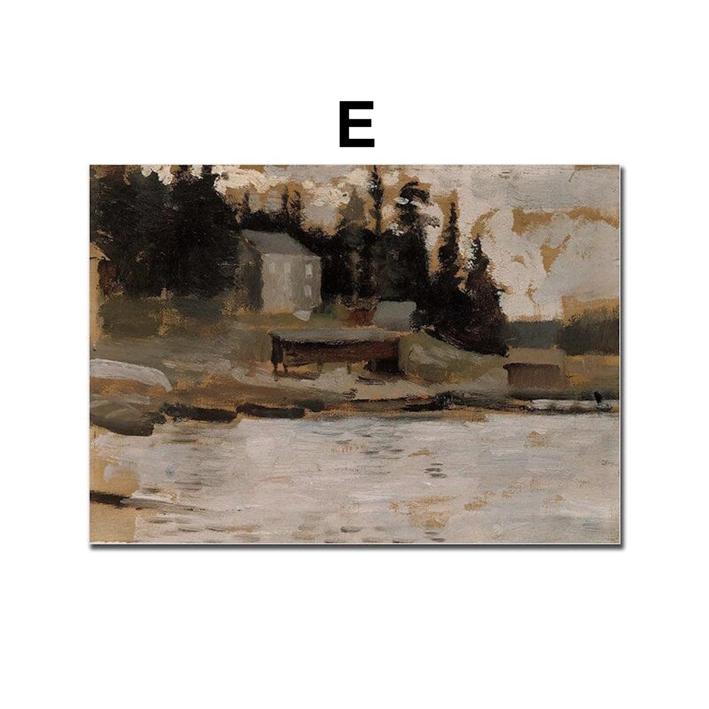 Poster Vintage Galerie Wand Kunst  Landschaft Bauernhof Pferde Rennen See Gartentor und Weg am Fluss als Deko Print ohne Rahmen