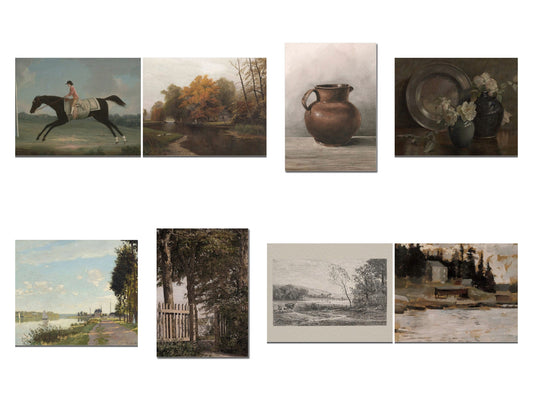 Poster Vintage Galerie Wand Kunst  Landschaft Bauernhof Pferde Rennen See Gartentor und Weg am Fluss als Deko Print ohne Rahmen