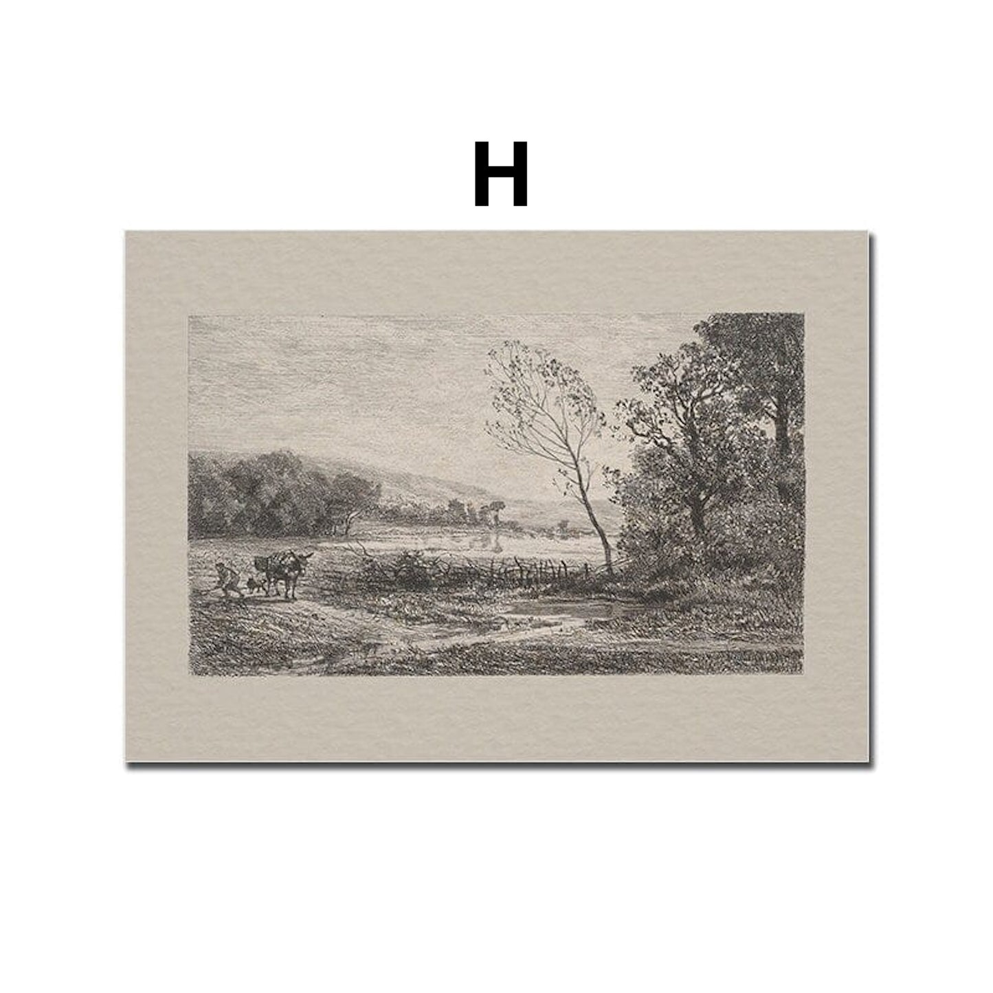 Poster Vintage Galerie Wand Kunst  Landschaft Bauernhof Pferde Rennen See Gartentor und Weg am Fluss als Deko Print ohne Rahmen