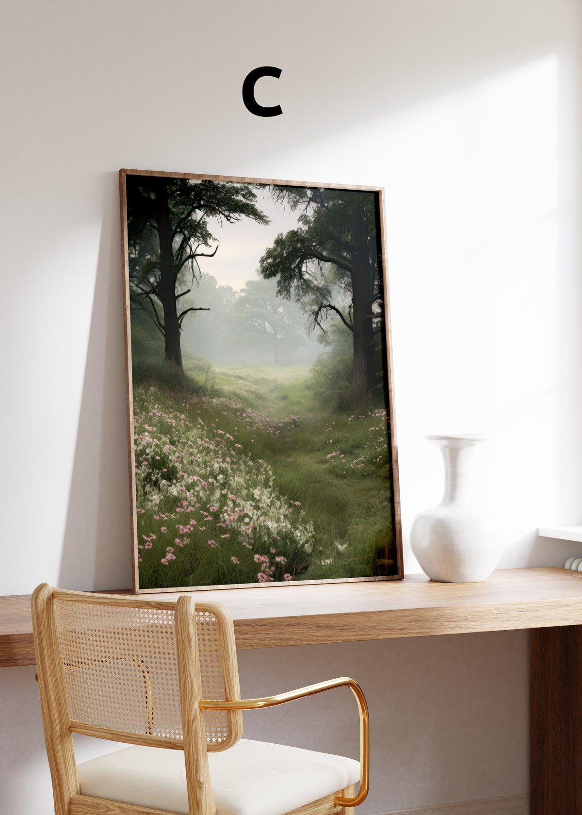 Postermotiv C: Nebelverhangene Waldlichtung mit kleinen rosa und weißen Blüten. Im Holzrahmen auf einem Schreibtisch.