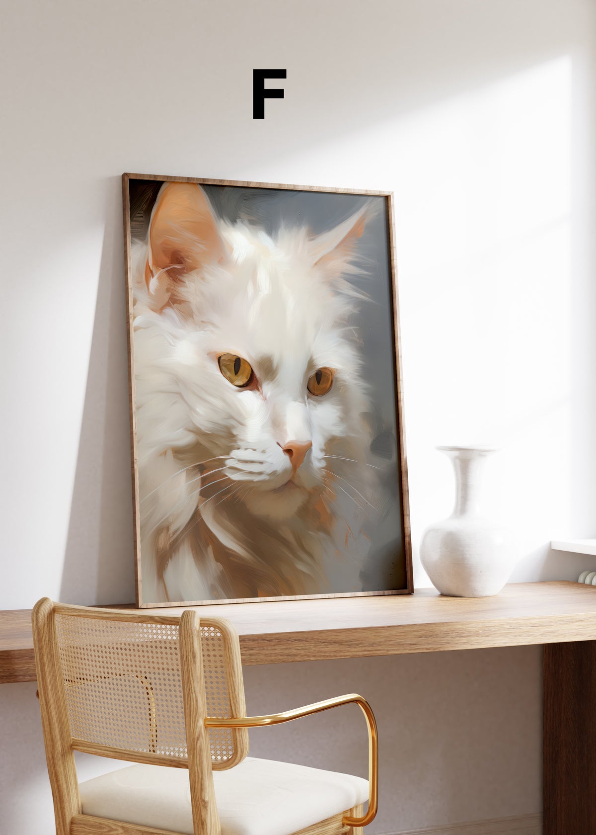 Postermotiv F: Porträt einer weißen Katze mit goldbraunen Augen. Im Holzrahmen auf einem Schreibtisch.
