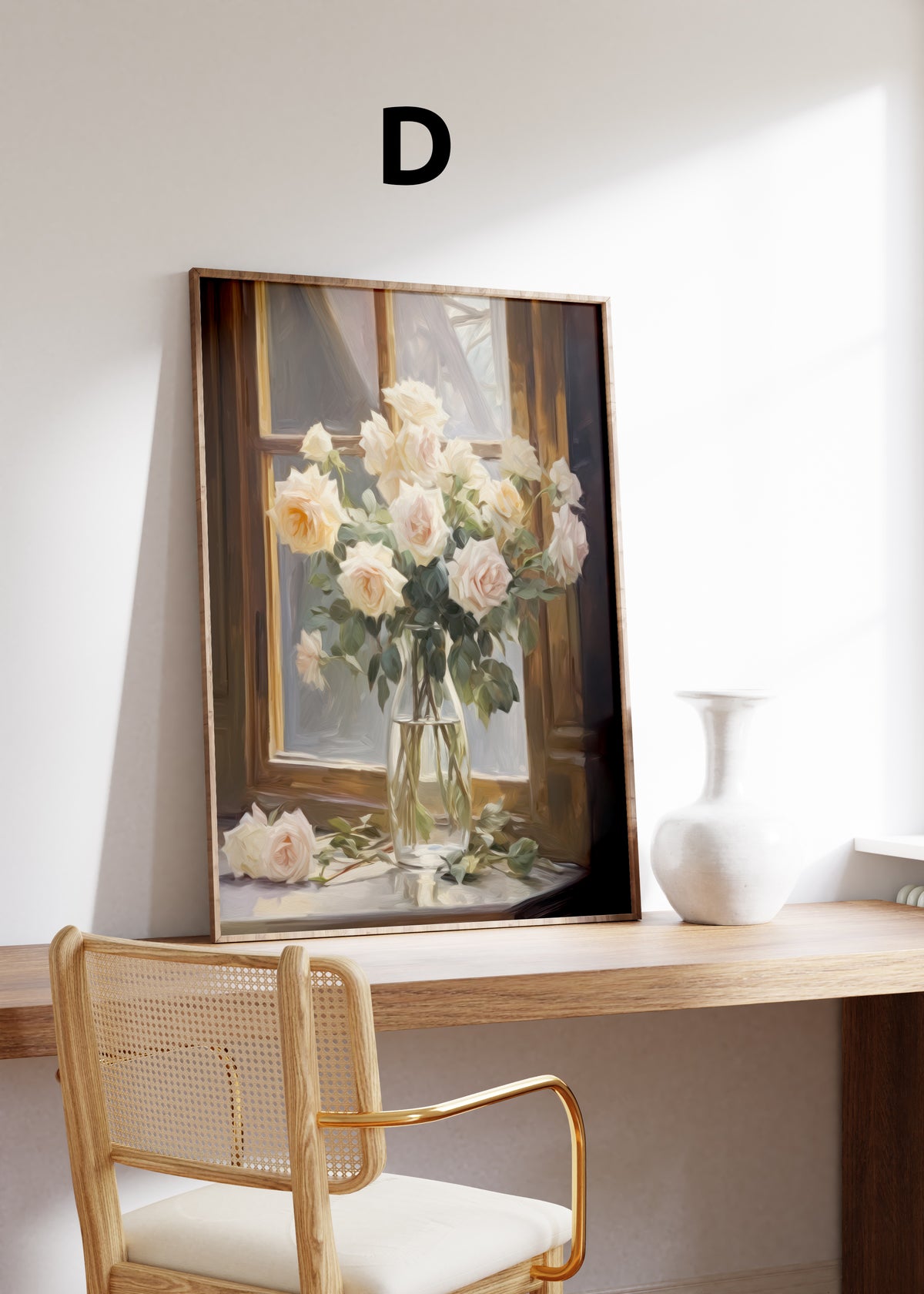 Postermotiv D: Weiße Rosen in einer Glasvase auf einer Fensterbank. Im Holzrahmen auf einem Schreibtisch.