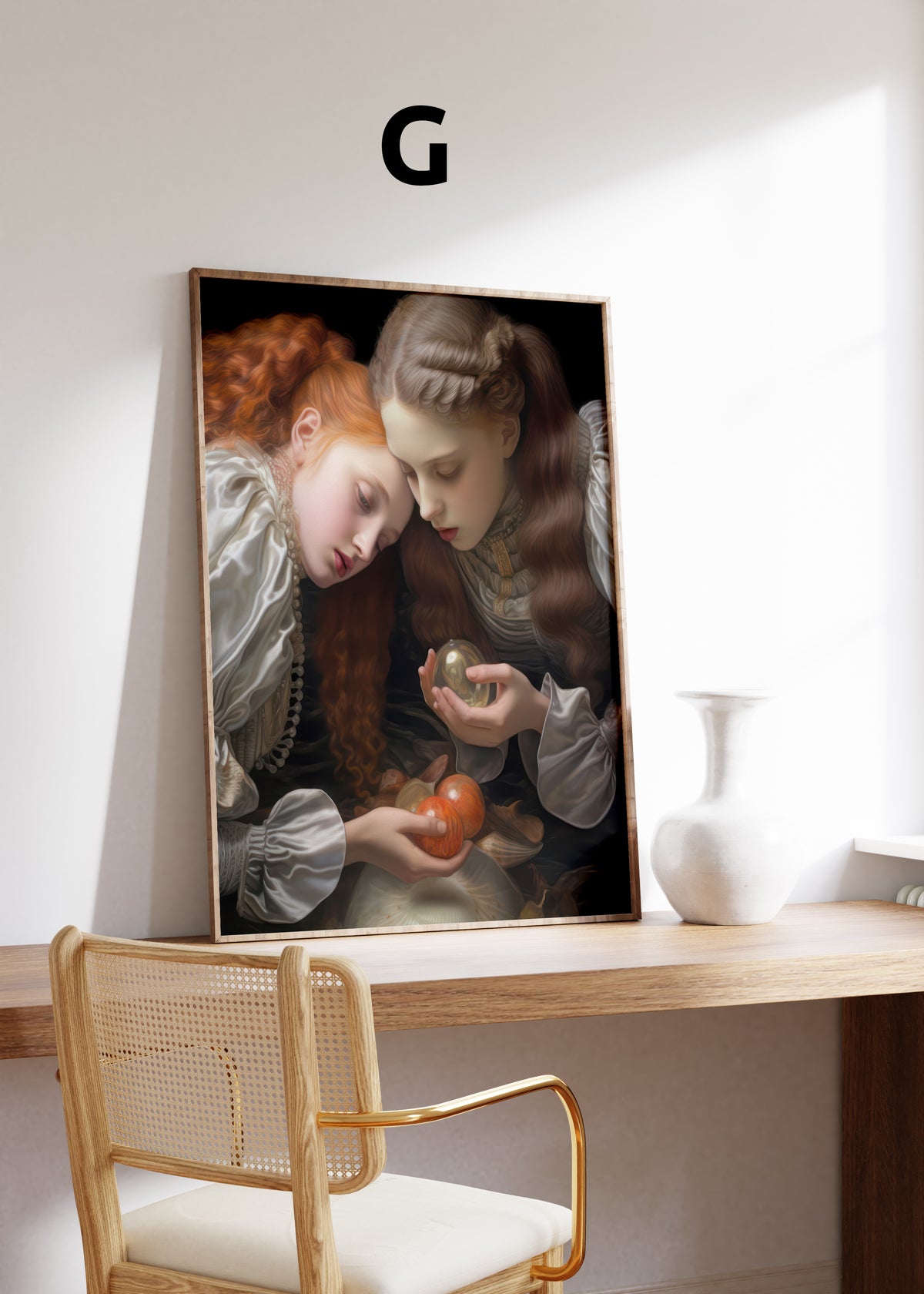 Postermotiv G: Zwei Mädchen in historischen Kleidern betrachten kleine Gegenstände in ihren Händen. Im Holzrahmen auf einem Schreibtisch.