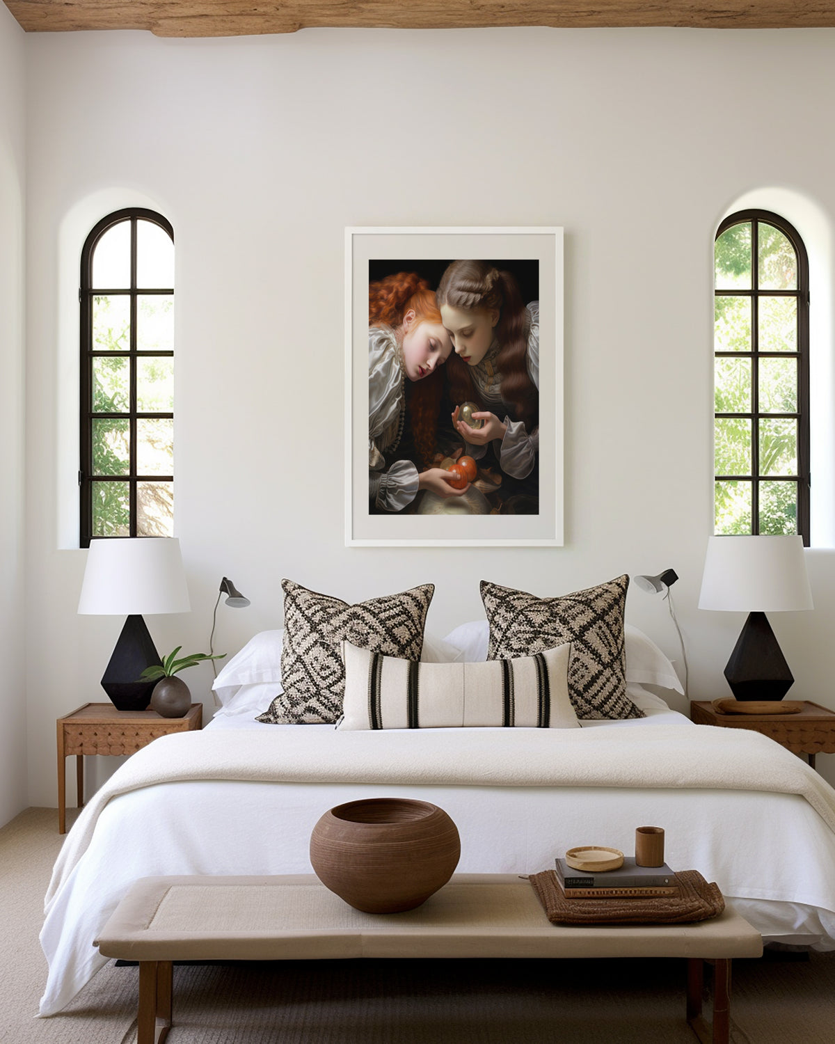 Gerahmtes Poster über einem Bett im hellen Schlafzimmer. Motiv: Zwei Mädchen in historischen Kleidern betrachten kleine Gegenstände in ihren Händen.