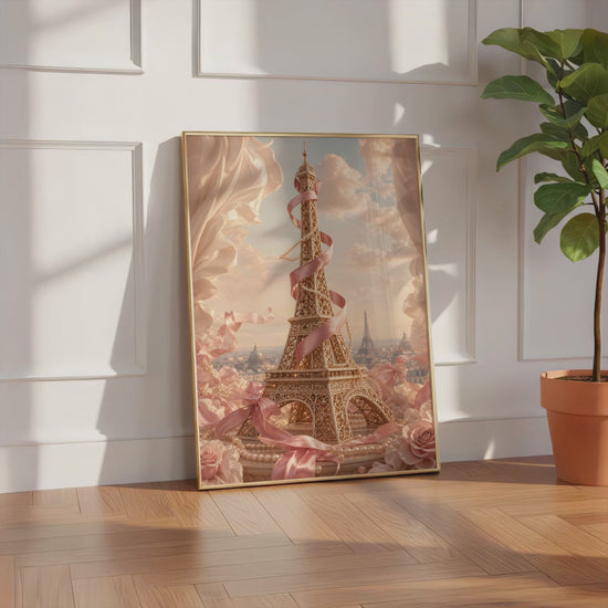 Videoansicht des gerahmten Posters mit goldenem Eiffelturm, umwickelt mit rosafarbenem Satin, zwischen Rosen und Wolken.