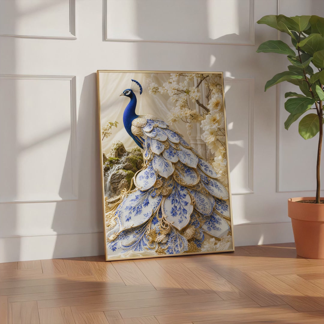 Videoansicht des gerahmten Posters mit einem blauen Pfau mit weiß-blauen Schmuckfedern und goldenen Details.