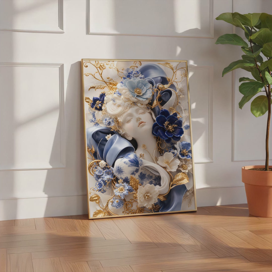 Videoansicht des gerahmten Posters mit Frauenporträt zwischen blauen und weißen Blüten, Porzellanornamenten und goldenen Details.