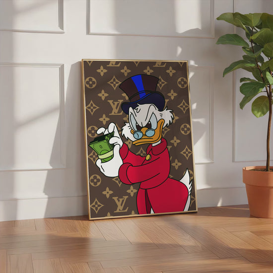 Reicher Cartoon Ente Charakter Poster  · Luxus Geld Illustration · Pop Art Cartoon Stil · Print ohne Rahmen