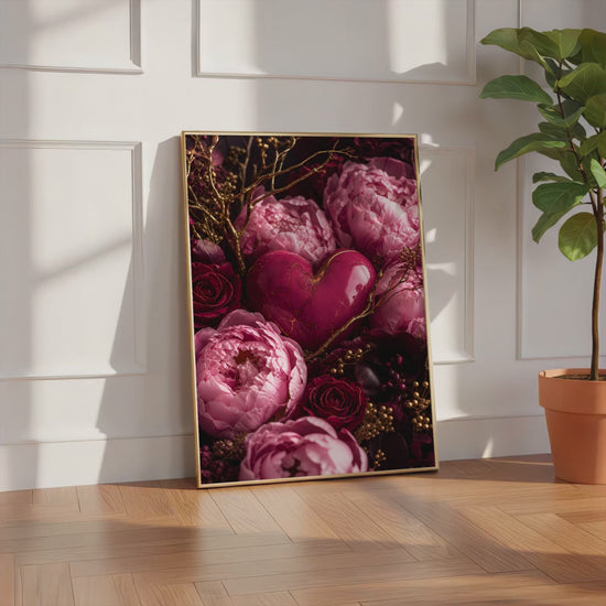 Videoansicht des gerahmten Posters mit einem rosafarbenen Herz zwischen pinken Pfingstrosen, dunklen Rosen und goldenen Zweigen.