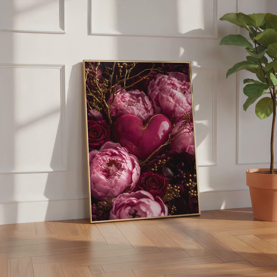 Videoansicht des gerahmten Posters mit einem rosafarbenen Herz zwischen pinken Pfingstrosen, dunklen Rosen und goldenen Zweigen.