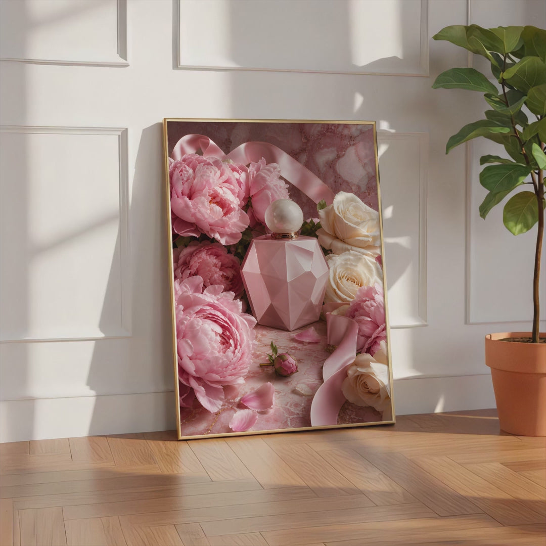 Videoansicht des gerahmten Posters mit rosafarbenem Parfumflakon zwischen Pfingstrosen, weißen Rosen und Satinbändern.