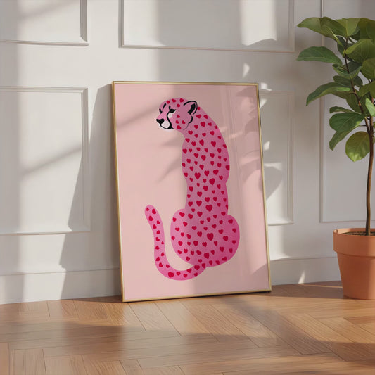 Leopard Poster · Herz Muster · Liebe Illustration · Rosa Ästhetik · Tier Design · Modern · Print ohne Rahmen