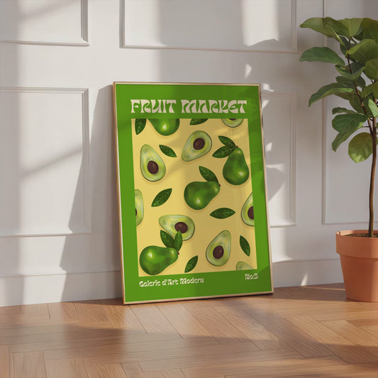 Fruit Market Poster · Avocado Pattern Artwork · Retro Modern Illustration · Minimal Pop Art Design · Moderne Wandkunst · Print ohne Rahmen