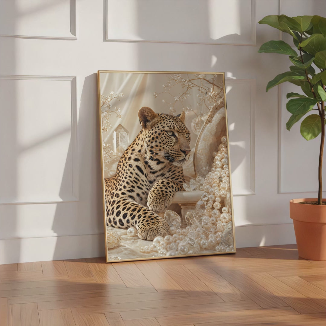 Videoansicht des gerahmten Posters mit einem Leoparden zwischen cremefarbenen Perlen und goldenen Zweigen.