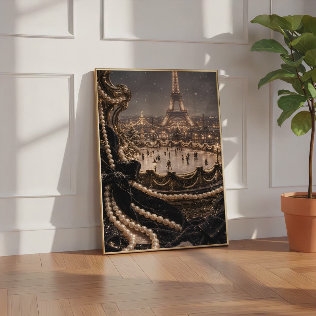 Videoansicht des gerahmten Posters mit einer beleuchteten Pariser Eisbahn vor dem Eiffelturm, umrahmt von Perlen und schwarzem Samt.