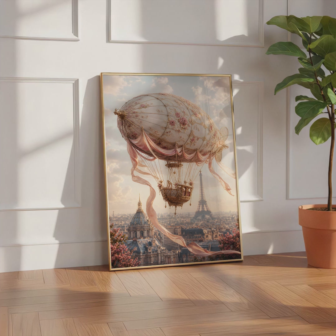 Videoansicht des gerahmten Posters mit einem cremefarbenen Luftschiff mit Rosenmuster und Satinbändern über Paris.