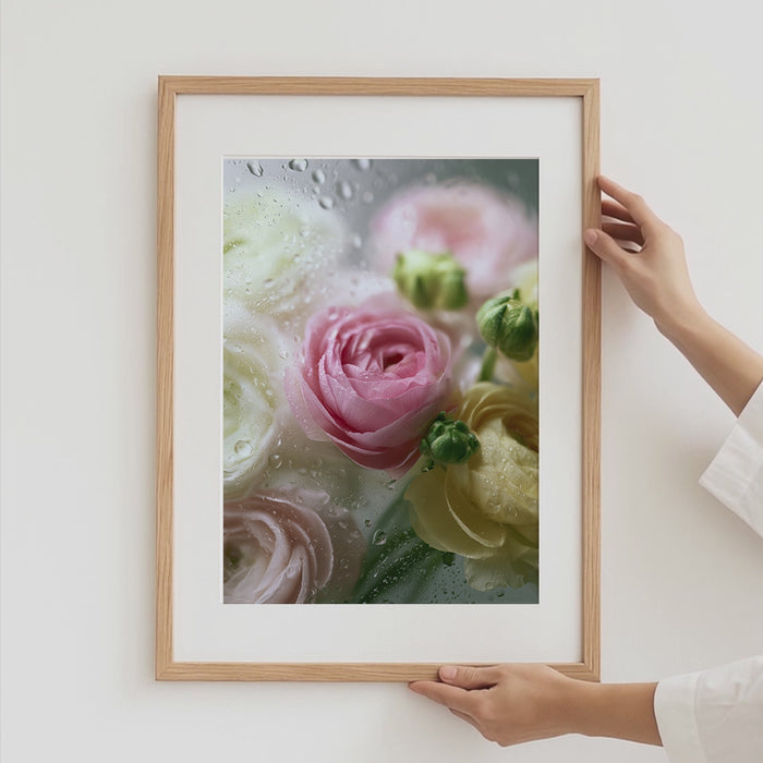 Geschenkidee · Rosen und Ranunkeln hinter Glas Poster Ästhetische Natur Fotografie · Dekoprint ohne Rahmen | JUSTGOODMOOD