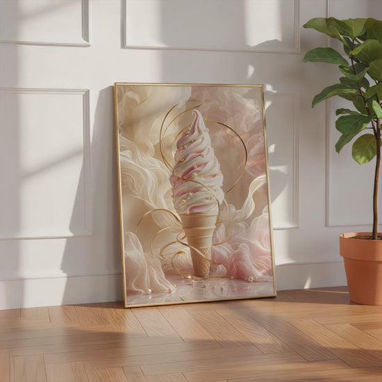 Videoansicht des gerahmten Posters mit einem cremefarbenen Softeis mit Perlen und einer goldenen Spirale.