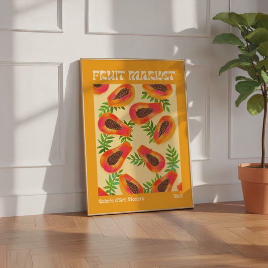 Fruit Market Poster · Papaya Pattern Artwork · Tropical Retro Illustration · Minimal Pop Art Design · Moderne Wandkunst · Print ohne Rahmen