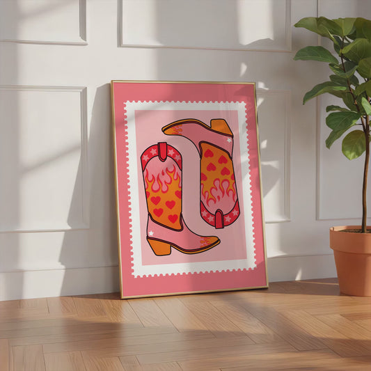 Cowboy Stiefel Poster · Western Boots Illustration · Retro Pop Art Style · Trendy Cowgirl Wall Art · Ästhetische Wanddeko · Print ohne Rahmen
