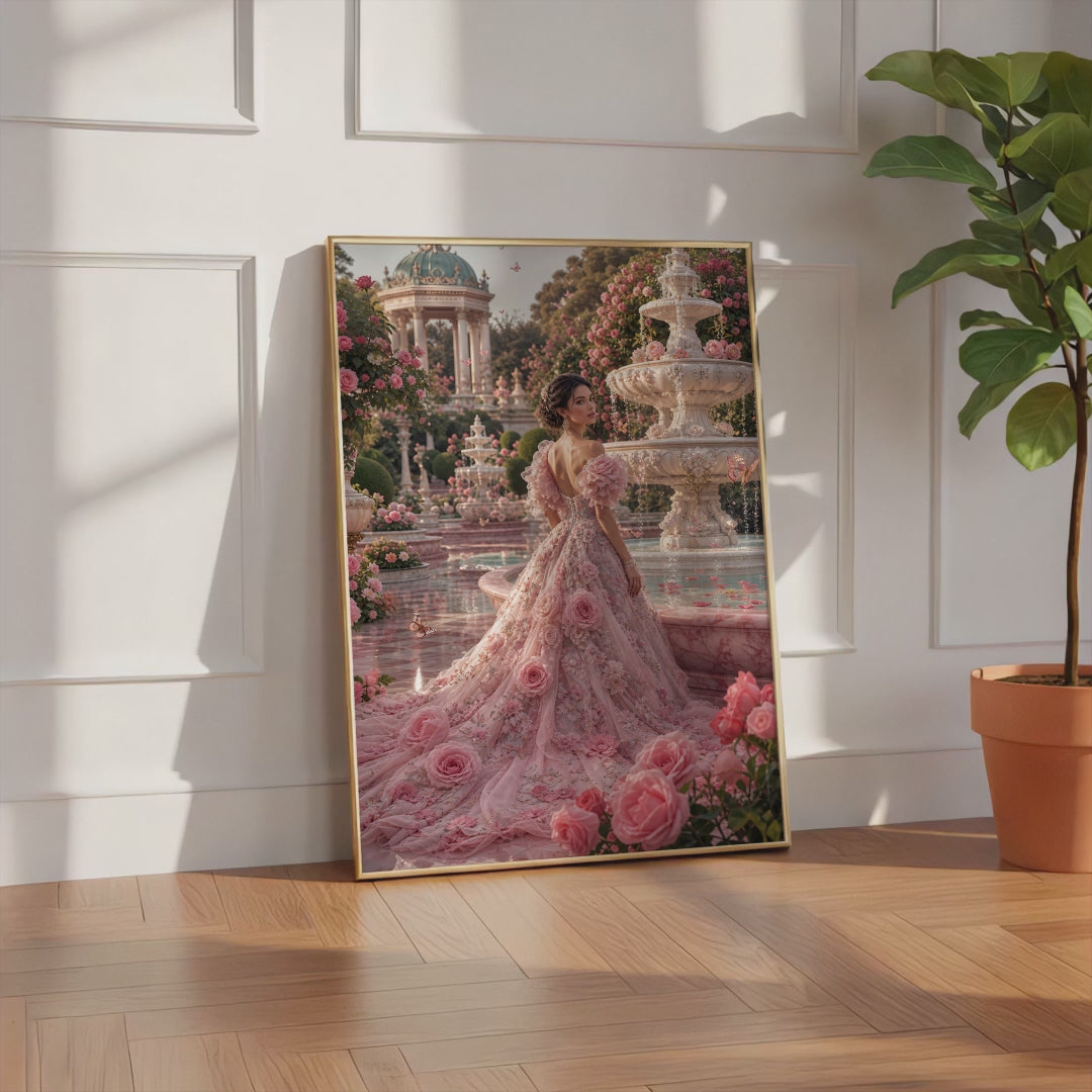 Videoansicht des gerahmten Posters mit einer Frau im rosafarbenen Rosenkleid neben einem Brunnen im Schlossgarten.