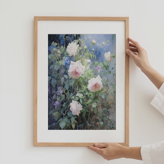 Video-Vorschau der acht Postermotive mit Blumen, Segelbooten, Frauen im Garten, Tauben, rotem Ibis und Seerosen.