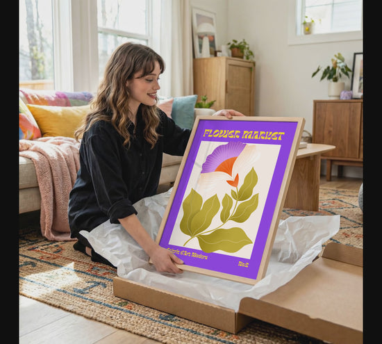Flower Market Poster · Lila Retro Blume · Mid Century Moderne Illustration · Print ohne Rahmen