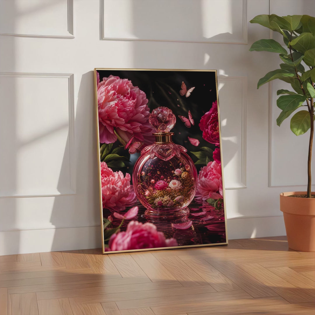 Videoansicht des gerahmten Posters mit einem rosafarbenen Parfumflakon mit Blüten zwischen Pfingstrosen und Schmetterlingen.