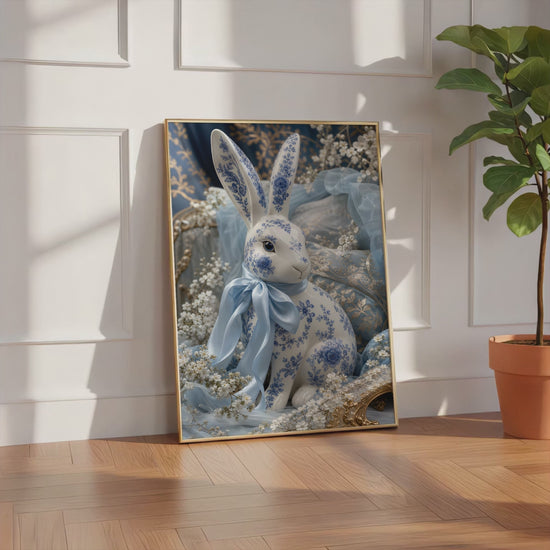 Videoansicht des gerahmten Posters mit einem weiß-blauen Porzellanhasen mit hellblauer Satinschleife.