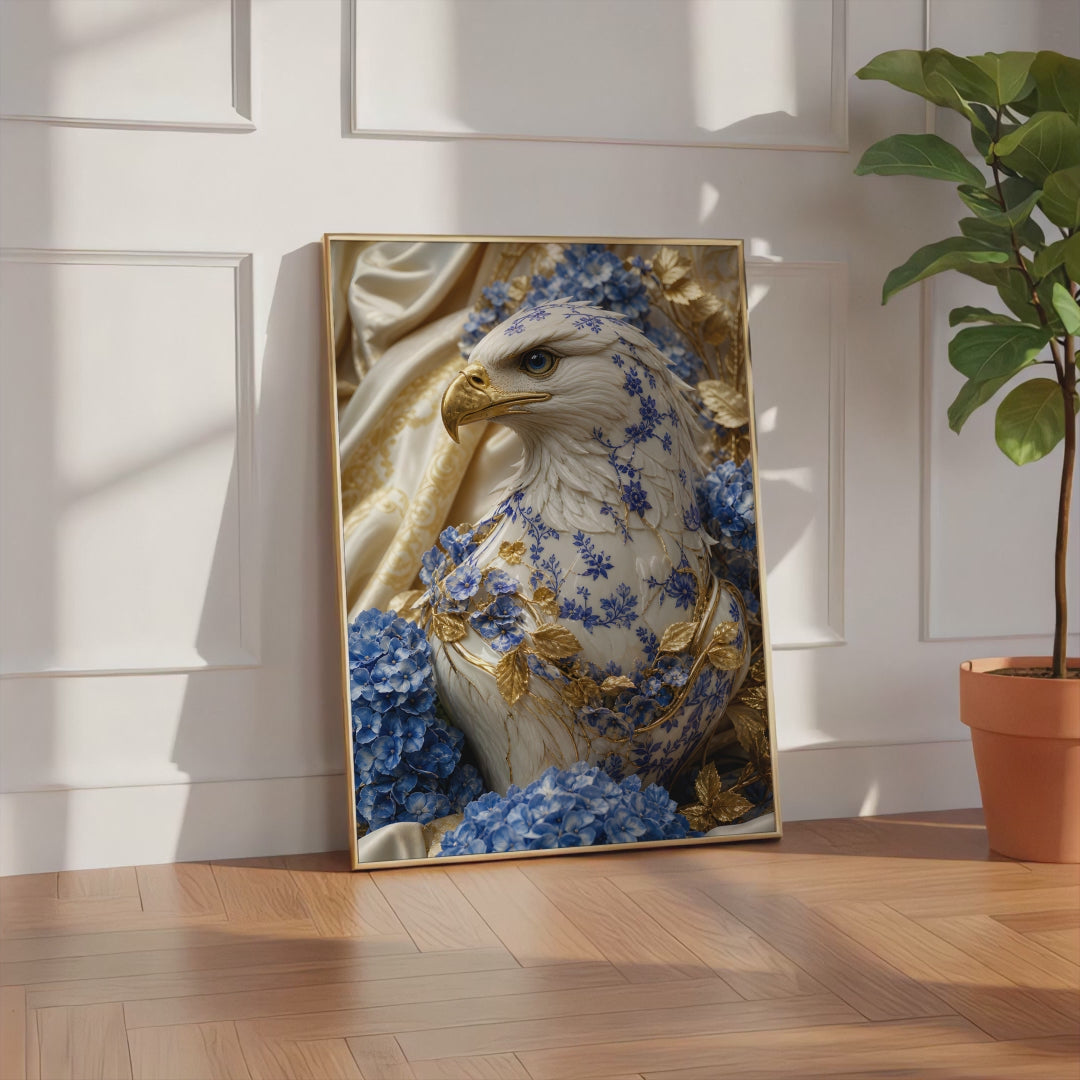 Videoansicht des gerahmten Posters mit einem weiß-blauen Adler mit goldenem Schnabel und blauen Hortensien.