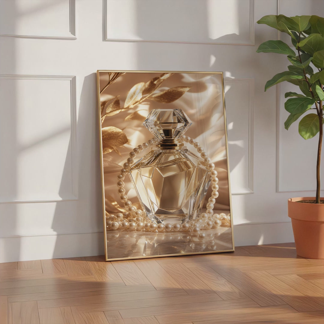 Videoansicht des gerahmten Posters mit einem goldfarbenen Kristall-Parfumflakon mit Perlenkette auf Satin.
