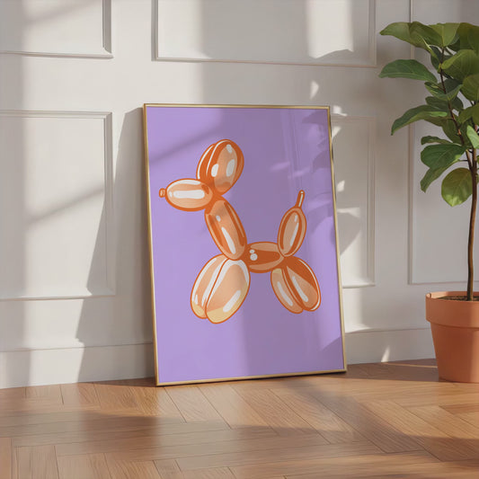 Balloon Dog Poster · Orange Hund Skulptur · Pop Art Ästhetik · Minimalistisches Design · Lila Hintergrund · Print ohne Rahmen