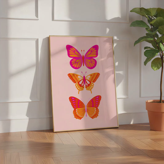 Schmetterlinge Poster · 3 Butterfly Illustrationen · Ästhetische Wandkunst · Moderne Farben Pink Orange · Minimalistisches Design · Print ohne Rahmen