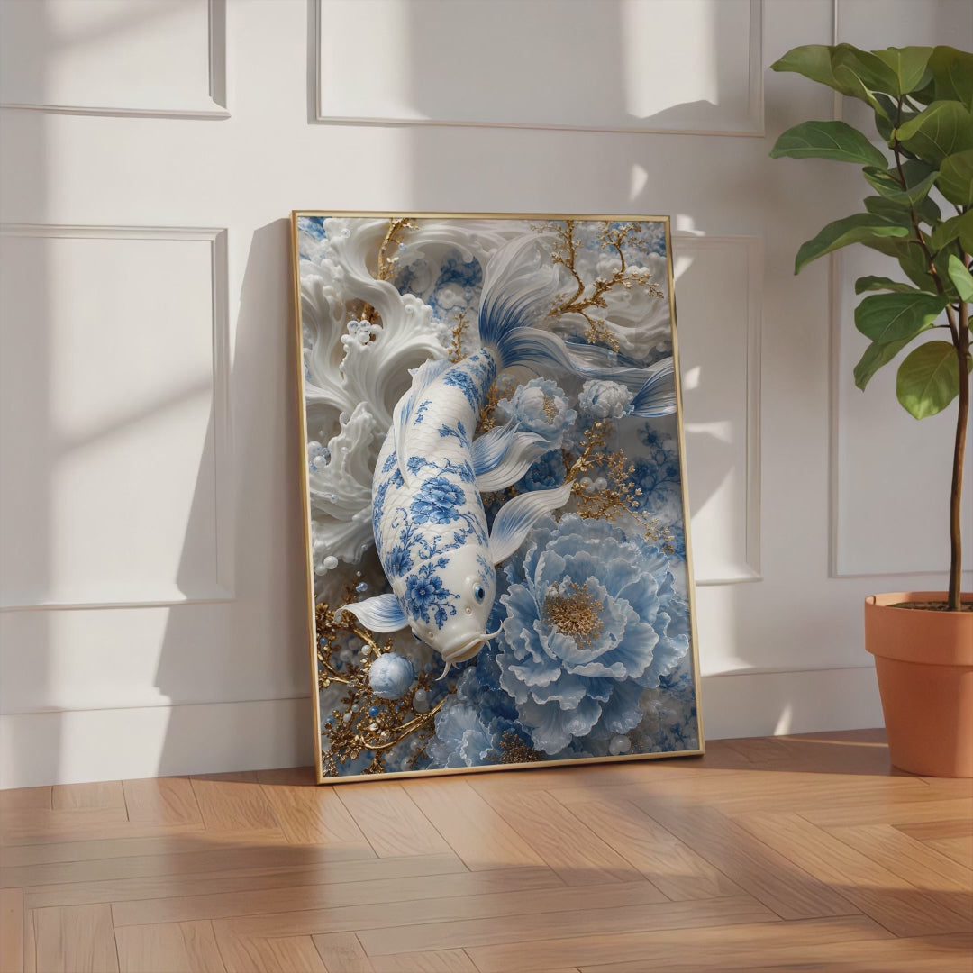 Videoansicht des gerahmten Posters mit einem weiß-blauen Koi, hellblauen Blüten und goldenen Zweigen.
